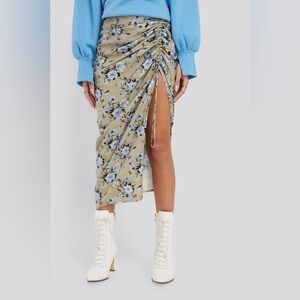 NAKD Taupe Blue Floral Maxi Skirt with Ruched Slit L XL